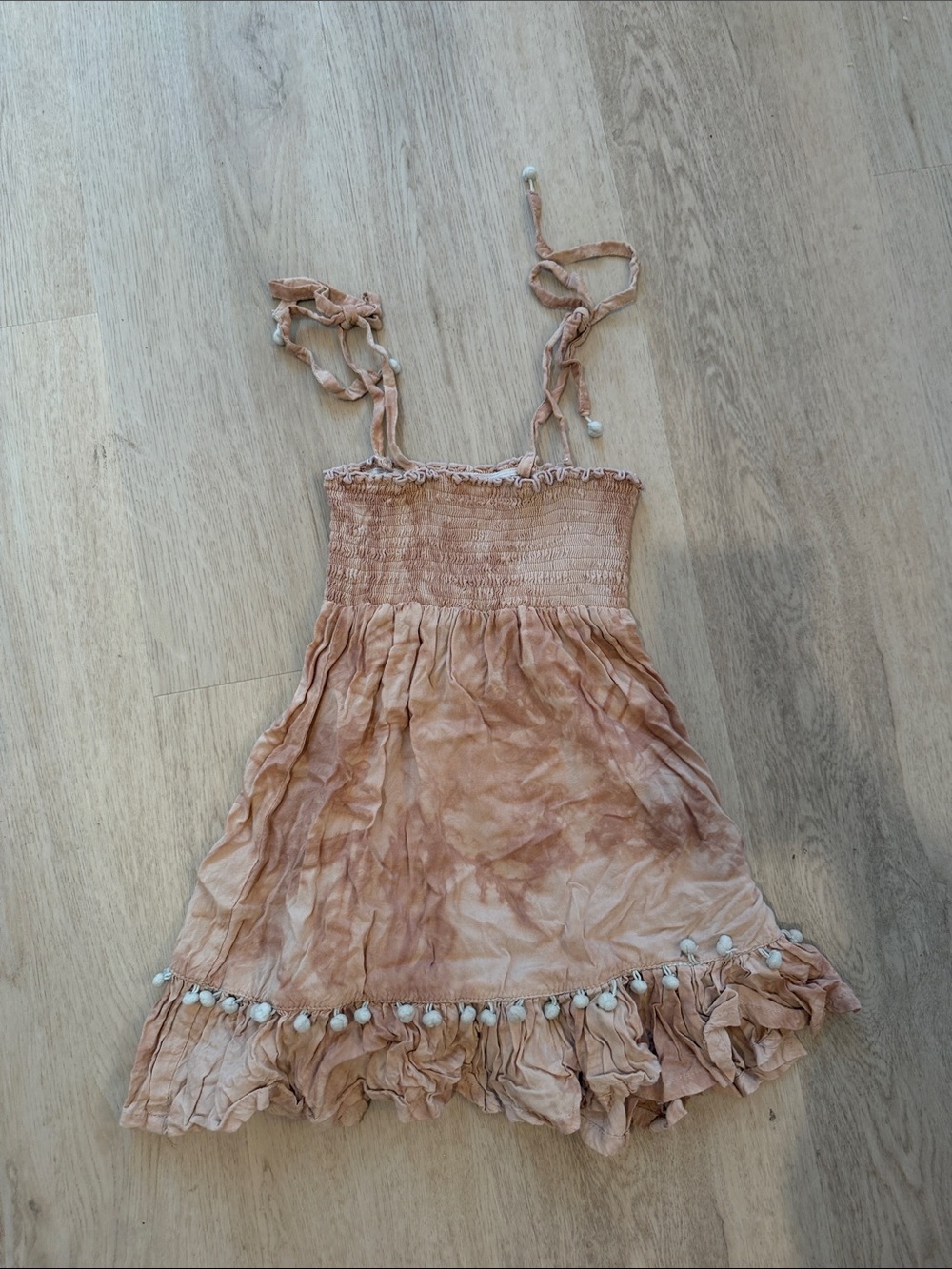 Khush Pom-Pom Tie-Strap Girls Dress in Blush Pink Smocked 4 5